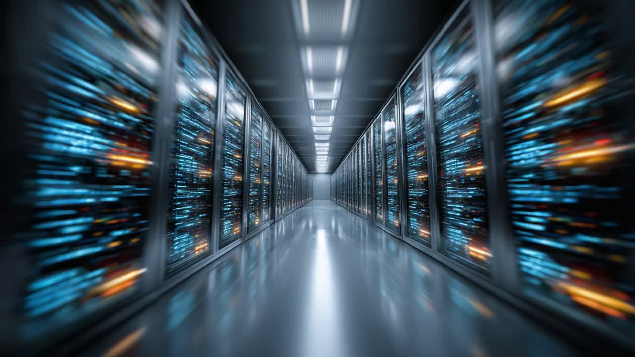 A Futuristic Perspective Inside a High-Tech Server Room, Showcasing Advanced Data Storage Systems with Pulsating Lights and a Sleek, Modern Aesthetic