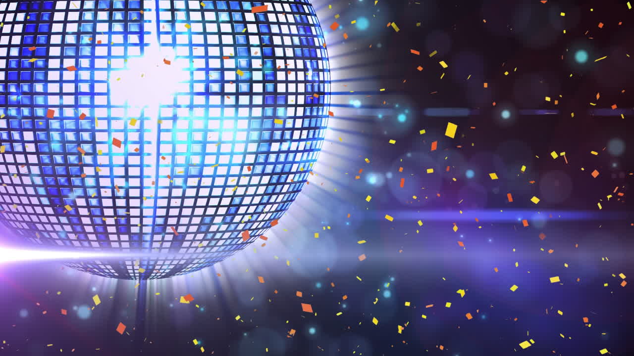 animación de una pelota de discoteca sobre confeti