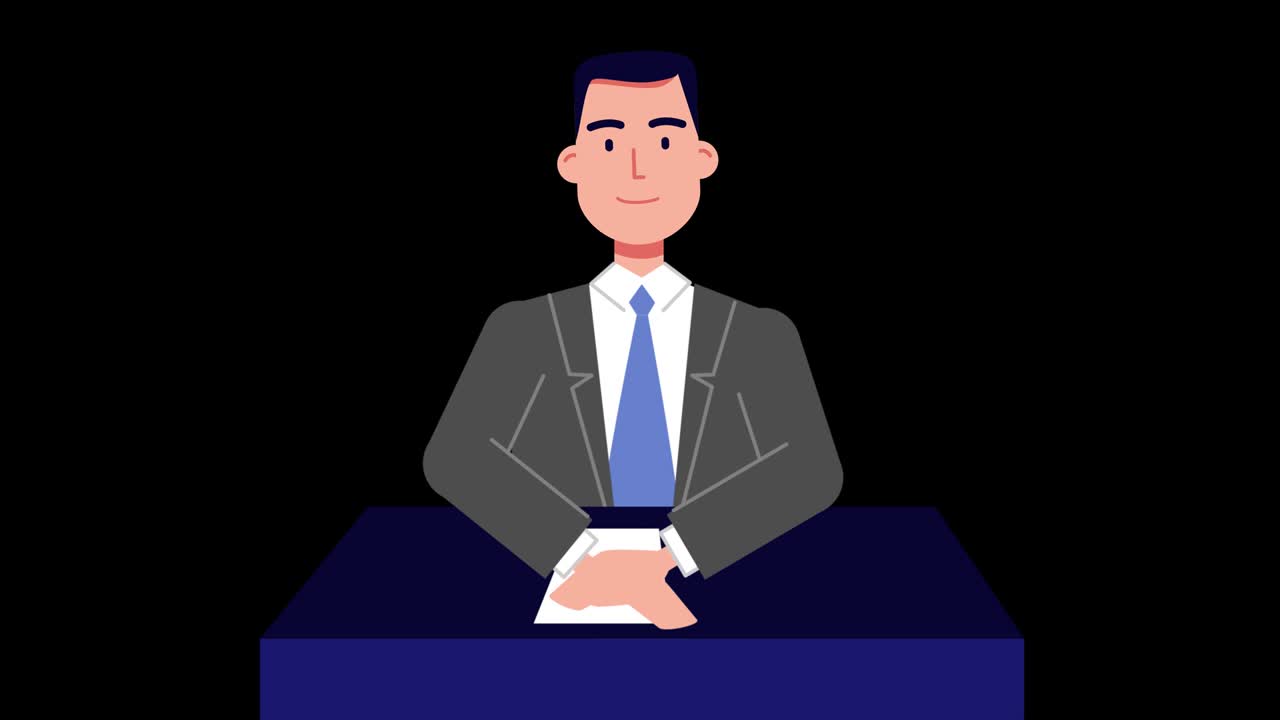 lip syncing Facial Animation for narration. male anchor character speaking at tv news. looped animated footage in flat style. talking mouth and lips expressions, articulation with ALPHA Channel