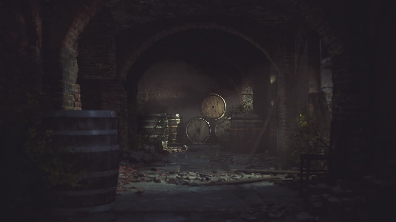 Rustic wine cellar interior with wooden barrels and dim lighting ambiance