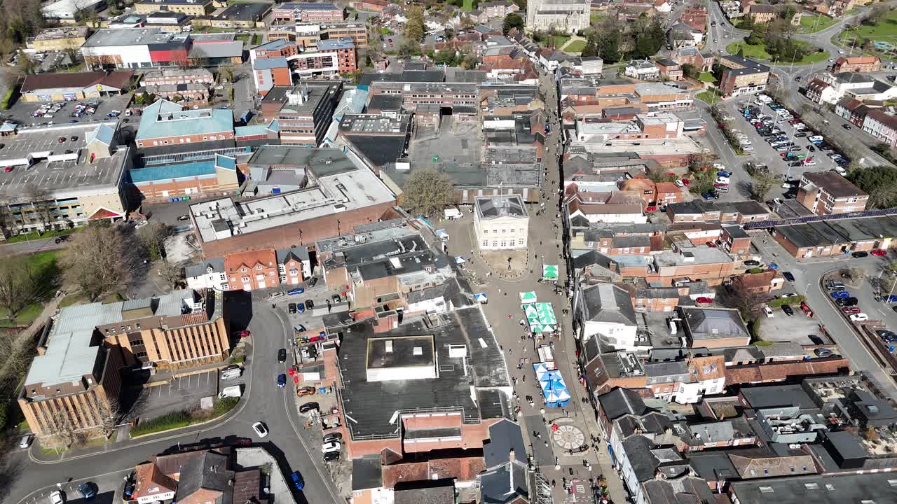 High Overhead birds eye drone aerial view Andover town centre Hampshire UK
