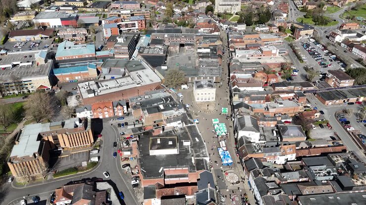 High Overhead birds eye drone aerial view Andover town centre Hampshire UK