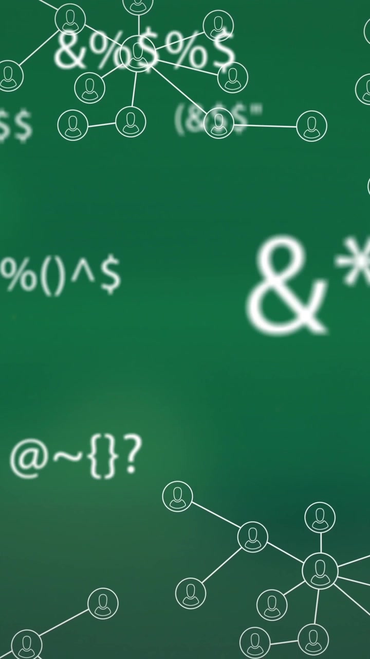 Multiple changing mathematical symbols against network of digital icons against green background