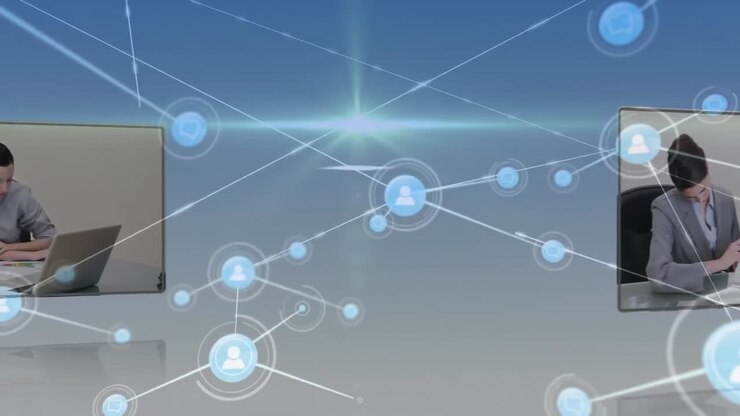 Animation of network of digital icons and light trails against screens with business data processing