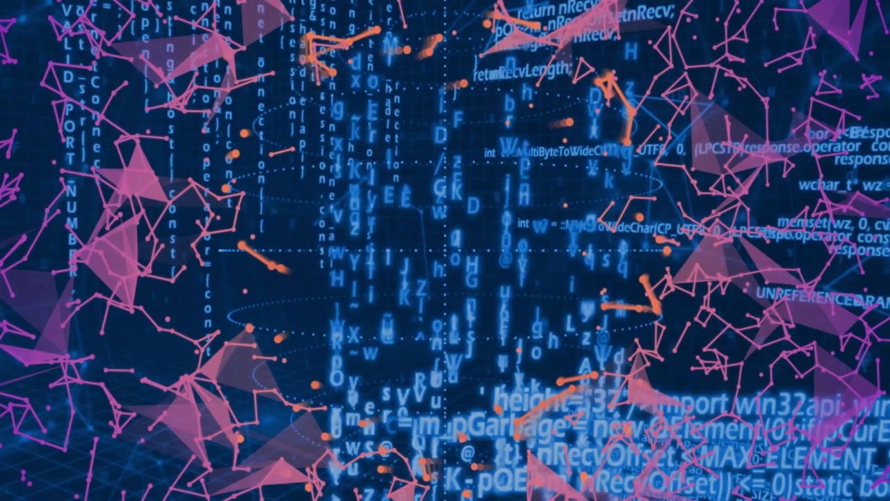 Digital code matrix streaming in network grid, featuring pink polygon nodes, glowing orange dots