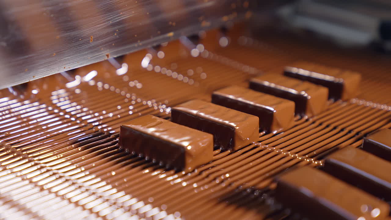 Sweet candies manufacturing on production line. Tasty chocolate conveyor deserts.