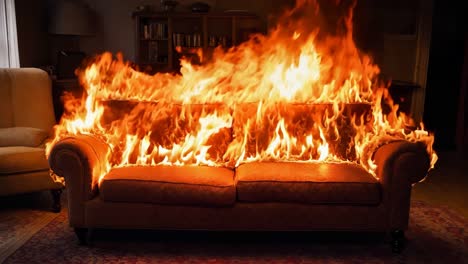 a couch that is on fire in a living room