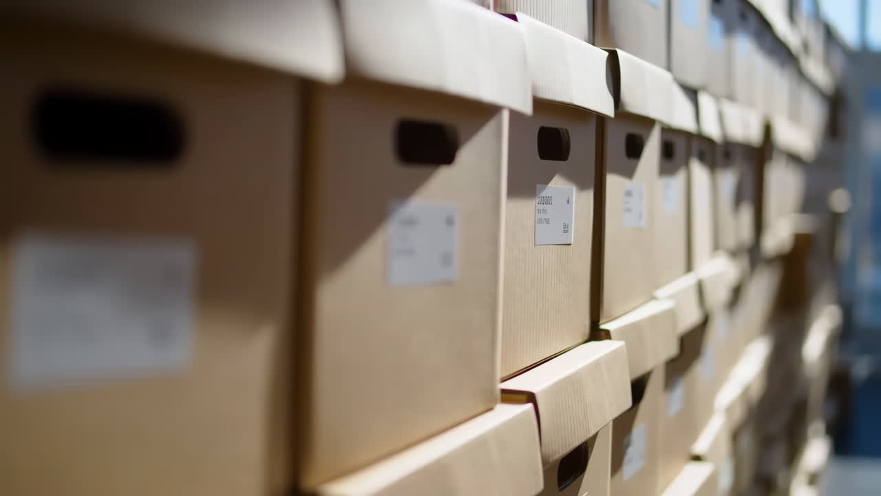 Rows of cardboard archive storage boxes in a warehouse or office