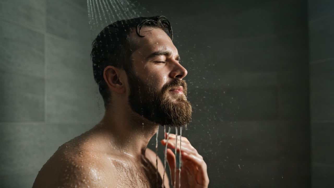 A serene moment of relaxation captured in the shower, featuring a man with a beard enjoying the soothing sensation of water cascading down, creating a calming atmosphere