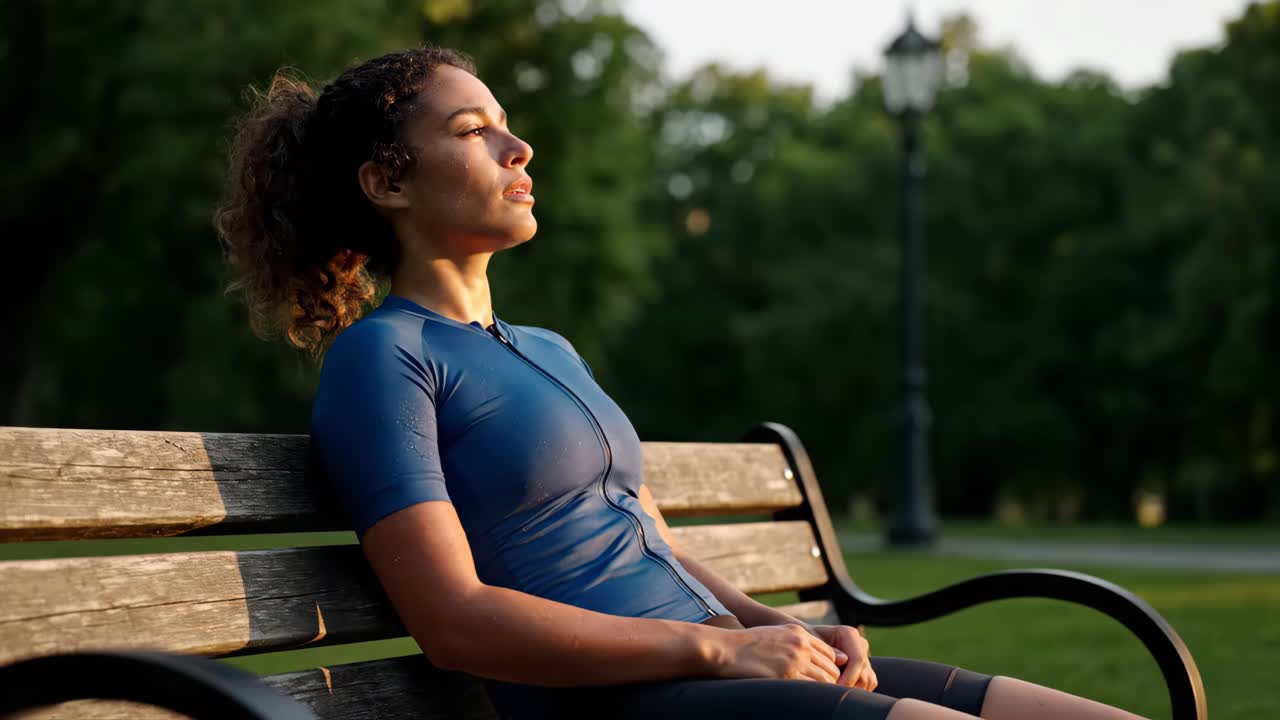 Woman Resting on Bench After Exercise in Park
