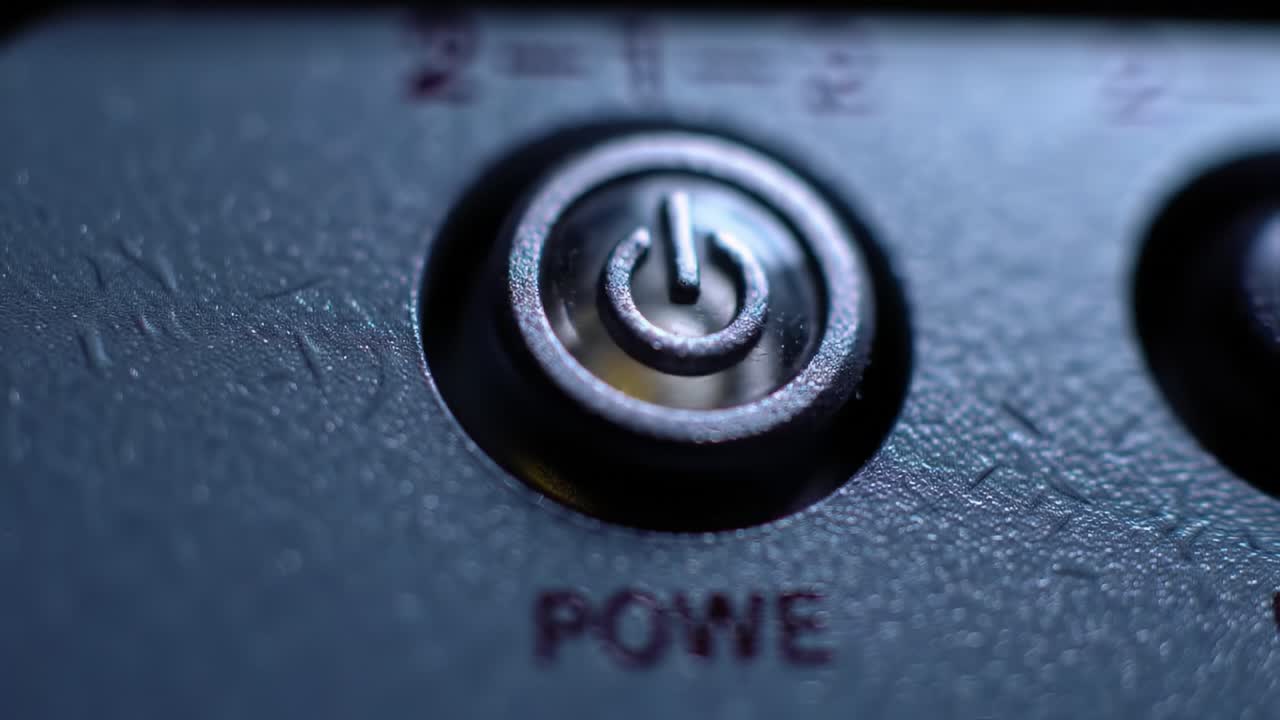 A close-up view showcases the power button illuminating as a device powers on. The background reveals textured metal surfaces hinting at technology and mechanics.