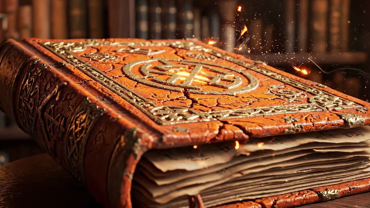 Un libro mistico e luminoso su un tavolo di legno in una biblioteca, ripreso da un'angolazione bassa per un video.