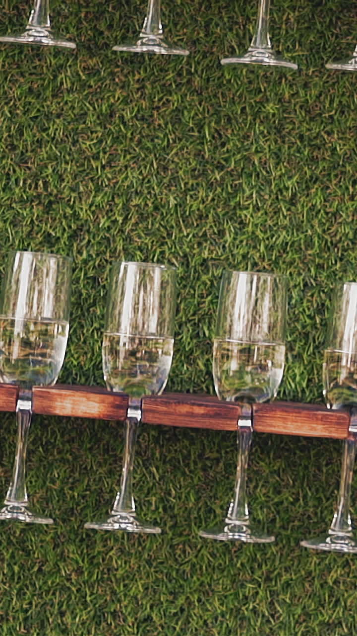 Slow motion: numerous beautiful glasses with tasty luxury champagne wine on wooden racks installed on wall with bright artificial grass at party