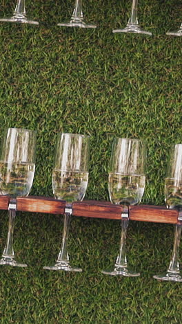 slow motion: numerous beautiful glasses with tasty luxury champagne wine on wooden racks installed on wall with bright artificial grass at party