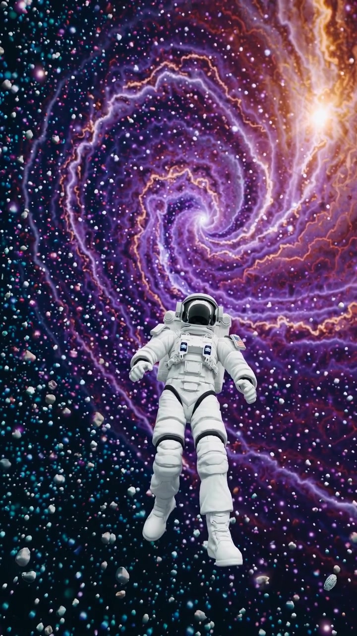 Astronaut in White Spacesuit Against a Swirling Galaxy