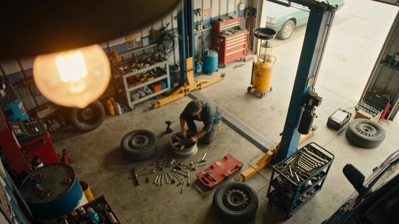 Knielende monteur in donkere overall repareert een velg in een garage met wielmoeren na het verwijderen van het wiel.