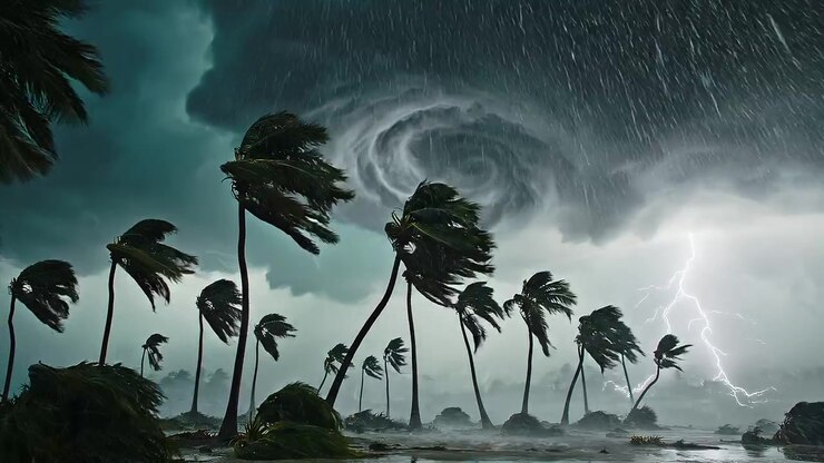 Powerful Hurricane with Intense Winds and Lightning Striking Tropical Coast