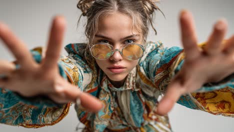 fashion model posing with yellow glasses in slow motion