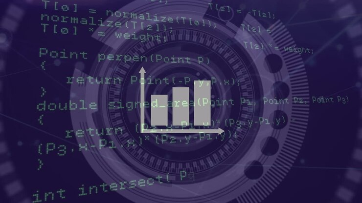 Animation of data processing and graph over scan scope on dark background