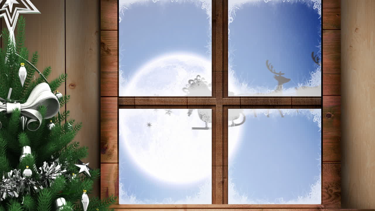 산타클로스가  ⁇ 매를 타고 렌더와 함께 창문을 통해 보이는 애니메이션