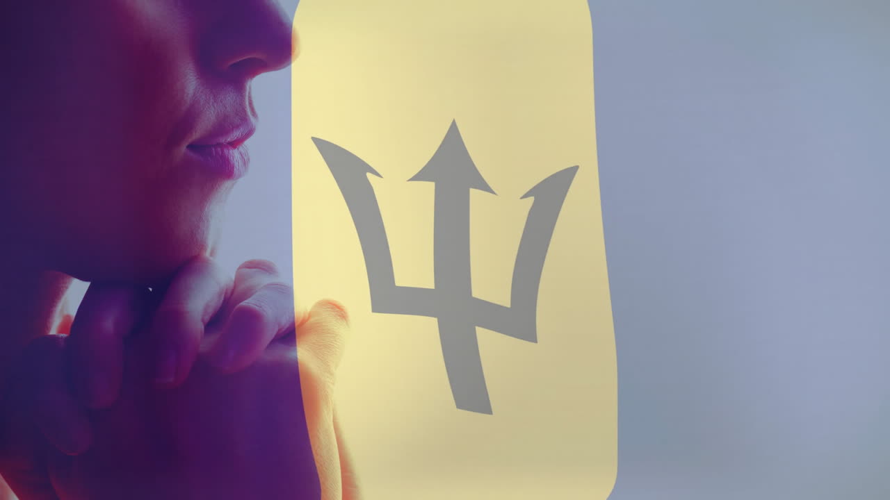 Animation of person contemplating with trident symbol on soft gradient background