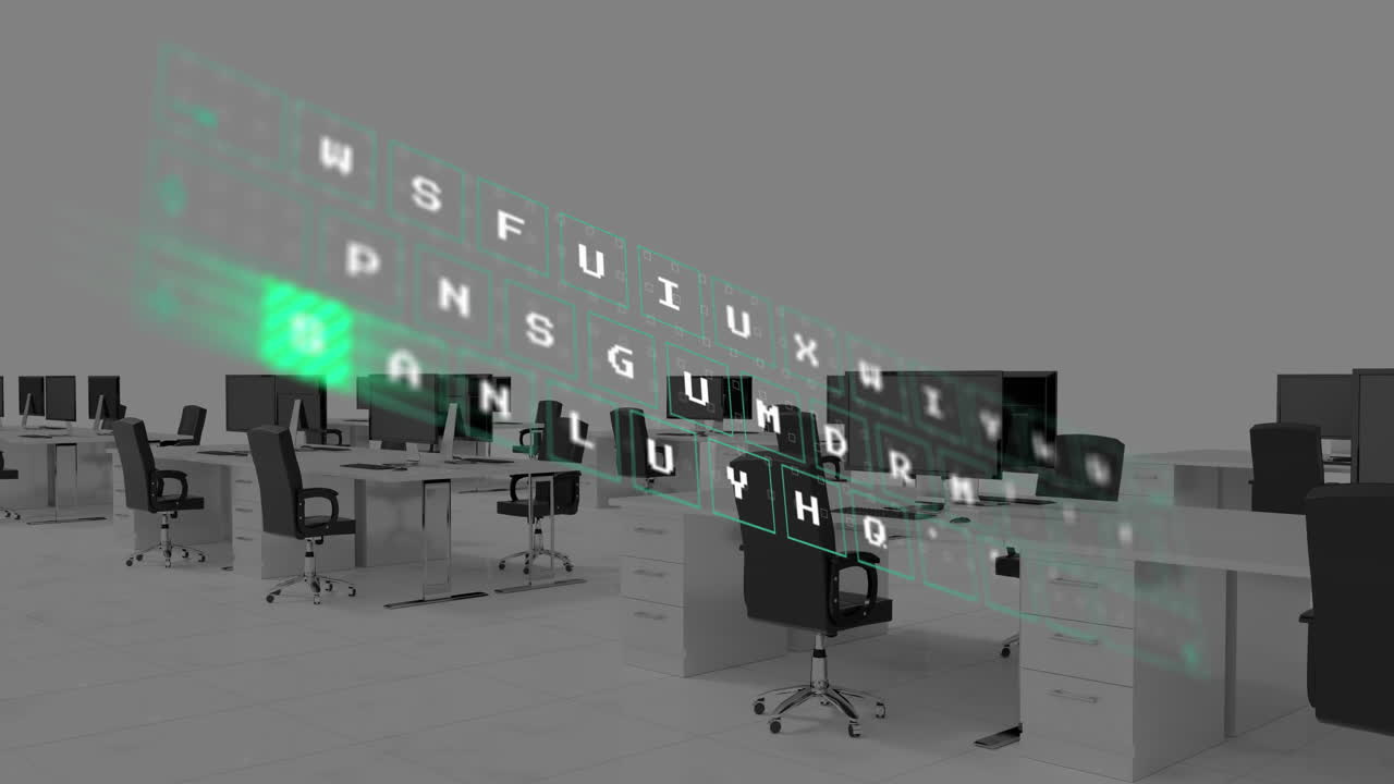 Animation of digital keyboard over office desks with computers