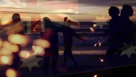 Animation-of-waving-flag-of-australia-over-group-of-friends-having-fun-on-the-beach