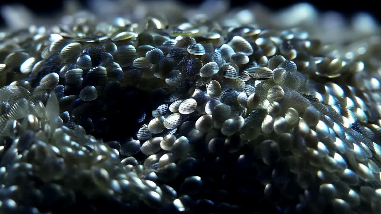Messa a fuoco selettiva, la camera rivela i livelli mentre il cumulo di dischi perlacei si sposta in studio con luce fredda