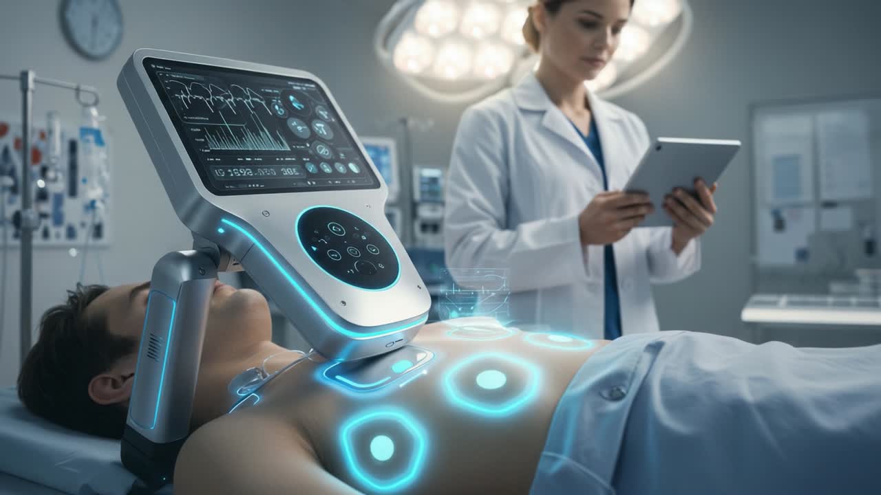 Advanced Medical Technology in Action: A Healthcare Professional Operates a Futuristic Patient Monitoring System with Real-Time Health Data Visualization