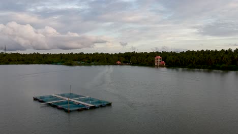 Piscicultura-En-El-Lago,-Cultivo-En-Jaulas-En-Lagos-Y-Agua-Dulce,-Toma-Aérea,-Cultivo-De-Peces-En-Asia