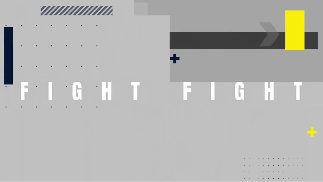 Animation af teksten "fight" over figurer på grå baggrund