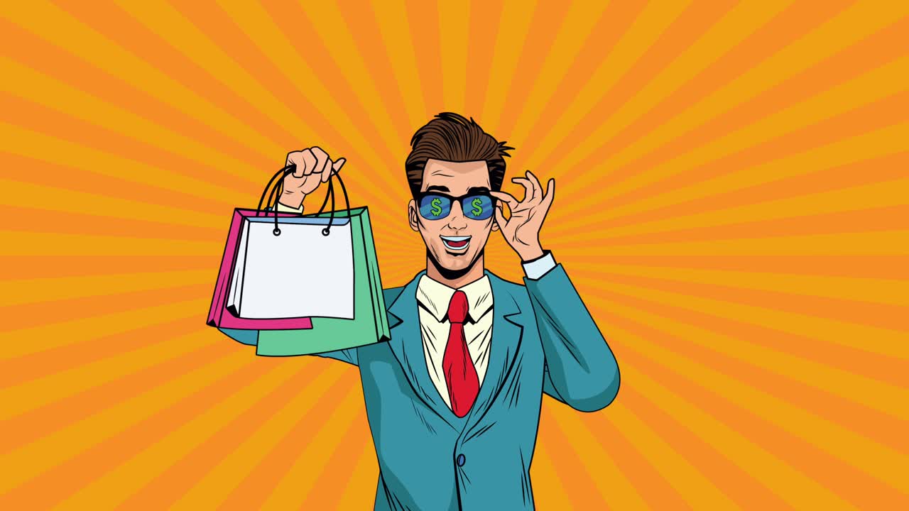 hombre de negocios con bolsas de compras animación de arte pop