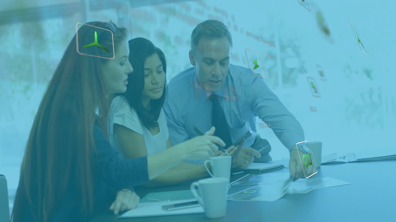 Business team discussing documents with digital data processing animation overlay
