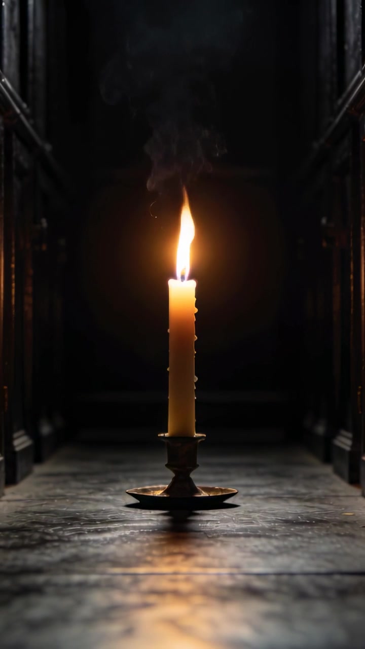 Video verticale: Candela di cera accesa in un portacandele di ottone che illumina il corridoio mentre la fiamma tremola e la cera cola.