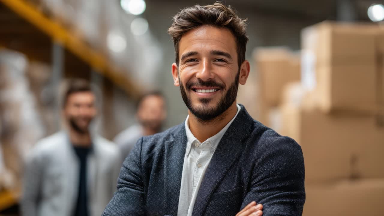 A Confident Young Professional Smiling Radiantly in a Warehouse Setting, Surrounded by Cardboard Boxes and Colleagues, Exuding Positivity and Approachability