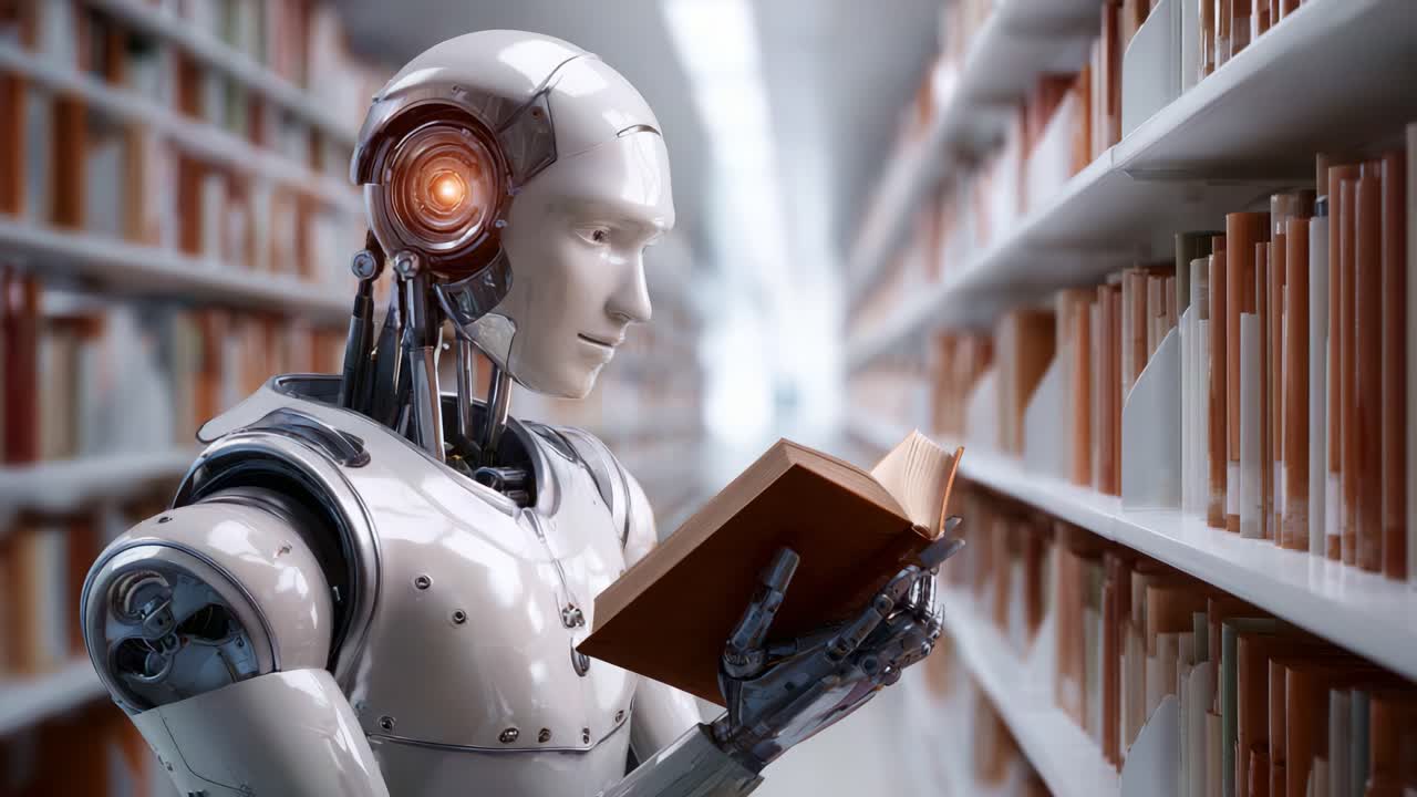 A humanoid robot with glowing circuitry studies a book intently in a library, showcasing the intersection of technology, knowledge, and futuristic learning