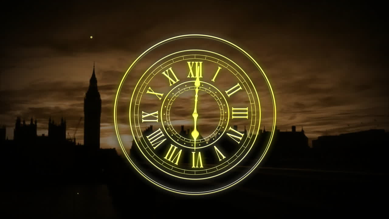 Animation of clock showing midnight and fireworks exploding over cityscape background