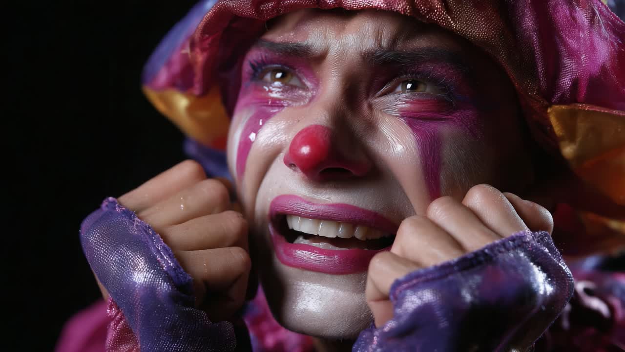 A Distressed Clown Expressing Deep Emotion Through Dramatic Tears and Facial Expressions Captured in a Striking Contrast of Colors and Shadows