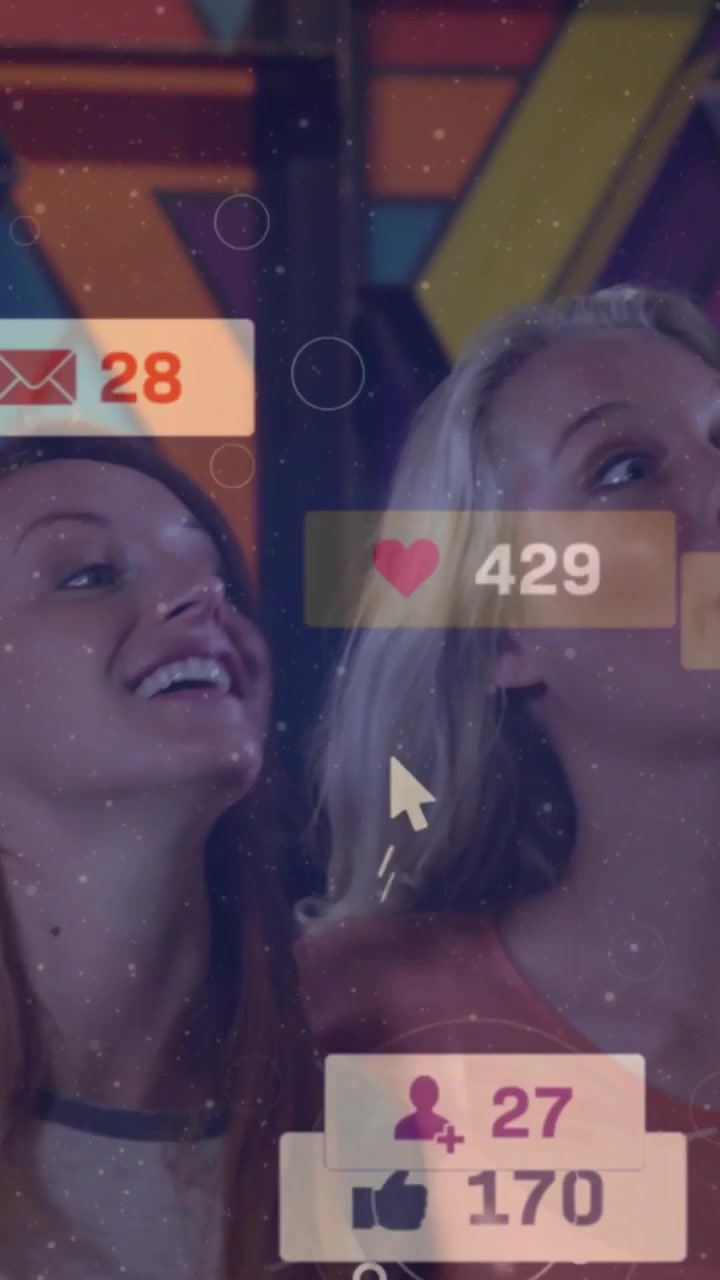 Vertical video: Friends posing, badges appearing over group and animating, boosting marketing