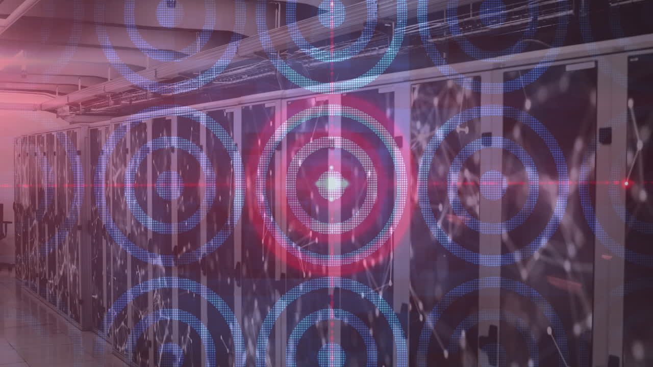 animación de múltiples círculos blancos y rojos sobre una sala de servidor vacía