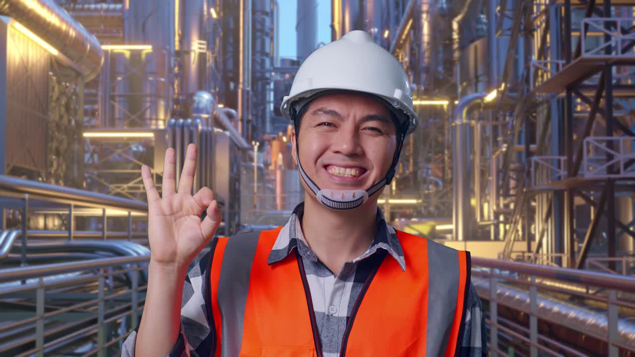 Close Up Of Asian Male Engineer With Safety Helmet Smiling And Showing Okay Gesture To The Camera While Standing At A Vast Oil Refinery