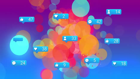 social media notification bubbles being animated in flat bokeh scene, showing counts with icons