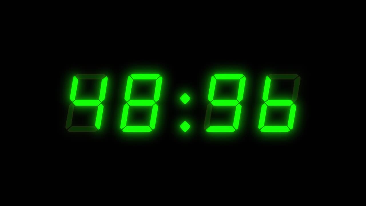 A four number, 60 second digital clock counting down. Green integers on a black background with a red glowing dot. Retro digital alarm clock with glow