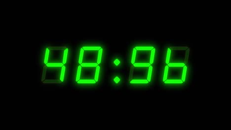 a four number, 60 second digital clock counting down. green integers on a black background with a red glowing dot. retro digital alarm clock with glow
