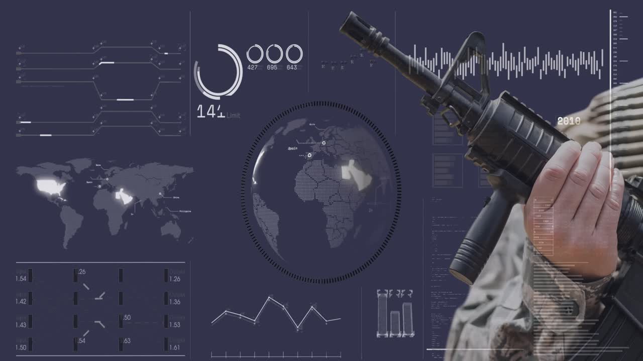 Animation of hand of soldier holding gun over globe and data processing on digital interface