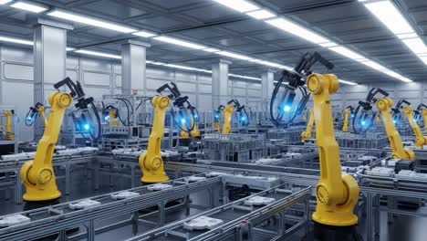a high-tech manufacturing facility featuring automated robotic arms working efficiently to optimize production and streamline industrial processes in a modern environment