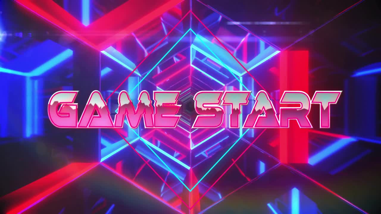 Teksten GAME START svæver i cyberpunk-tunnel med trådrammeformer og glødende stråler