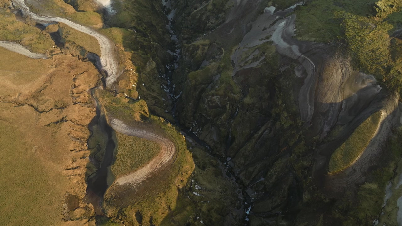 Luftfoto av Mýrdalur, Island, som fremhever svingete stier langs en ulendt fjelldal med kontrasterende landskap.