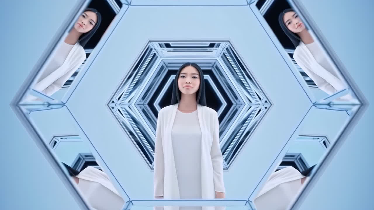 Woman in Futuristic Hexagonal Tunnel with Reflections