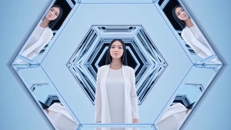 woman in futuristic hexagonal tunnel with reflections